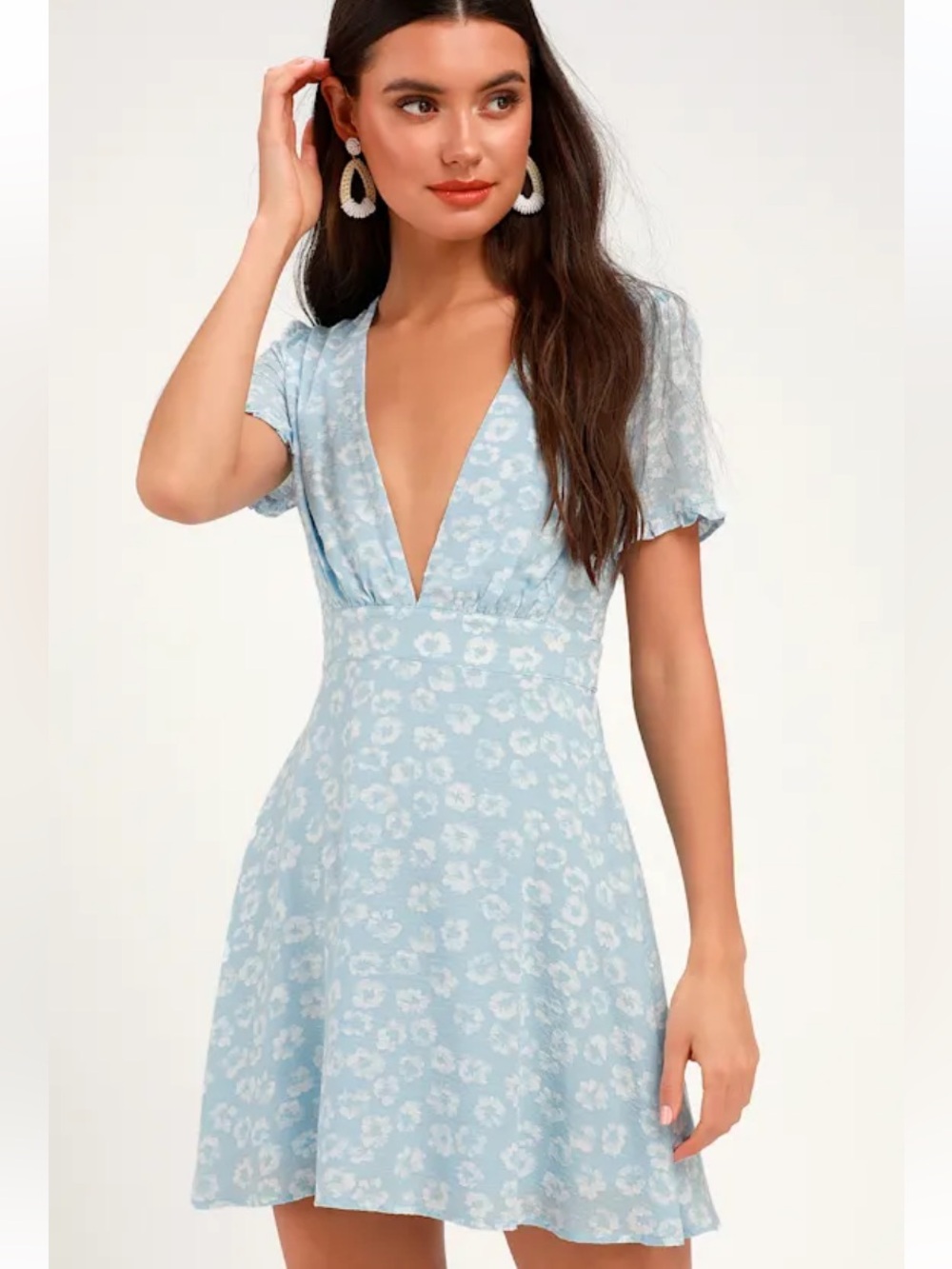 Lulus Light Blue Floral V-Neck Mini Dress Dreamy Dainty Coquette Small